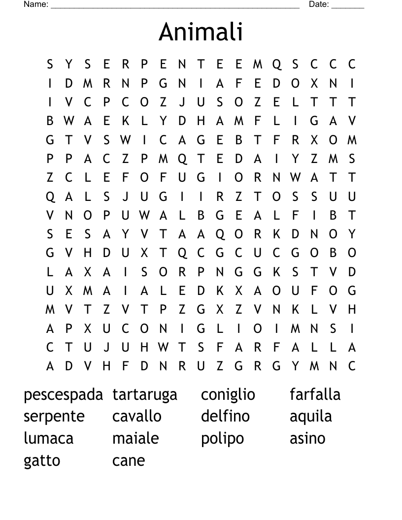 Animali Word Search