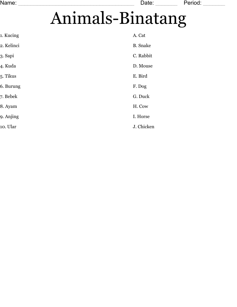 Animals-Binatang Worksheet