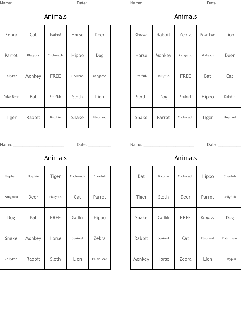 Animals Bingo Cards