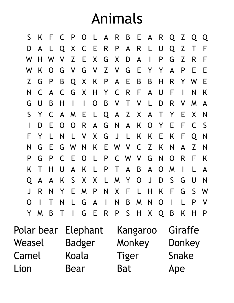 Animals Word Search