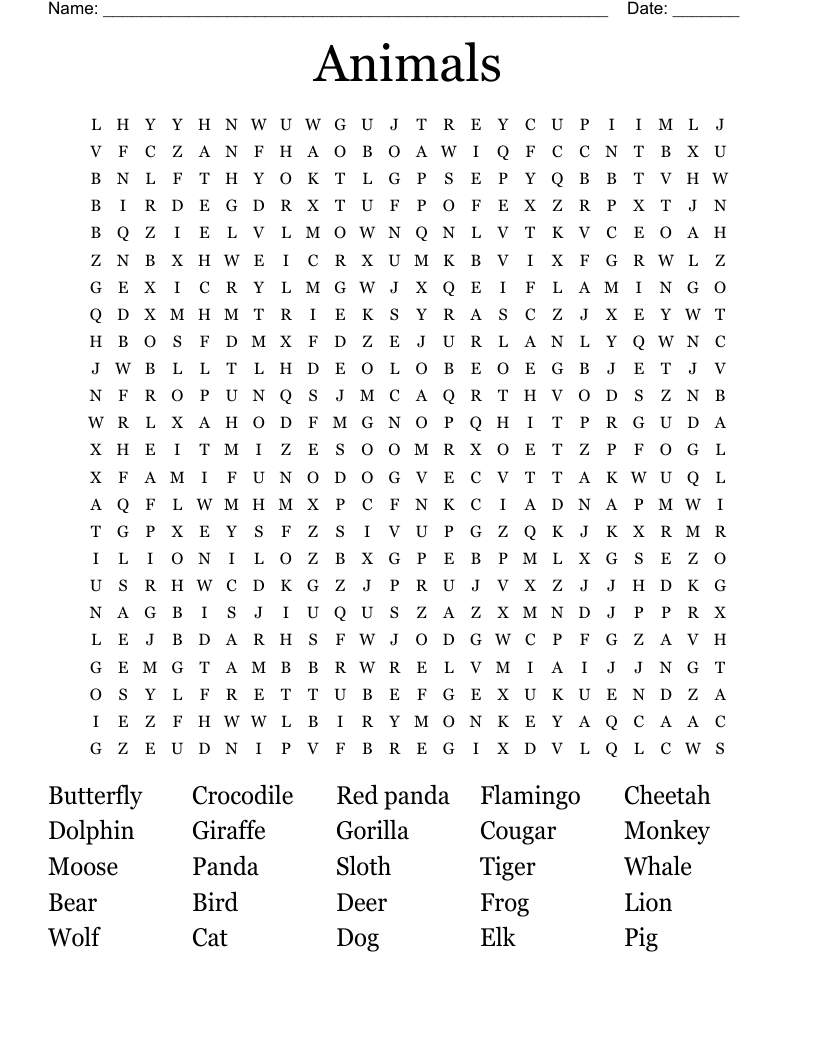 Animals Word Search