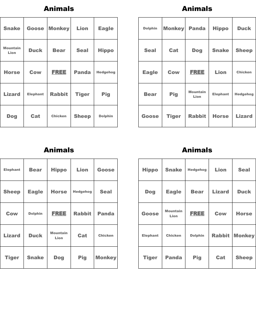 Animals Bingo Cards