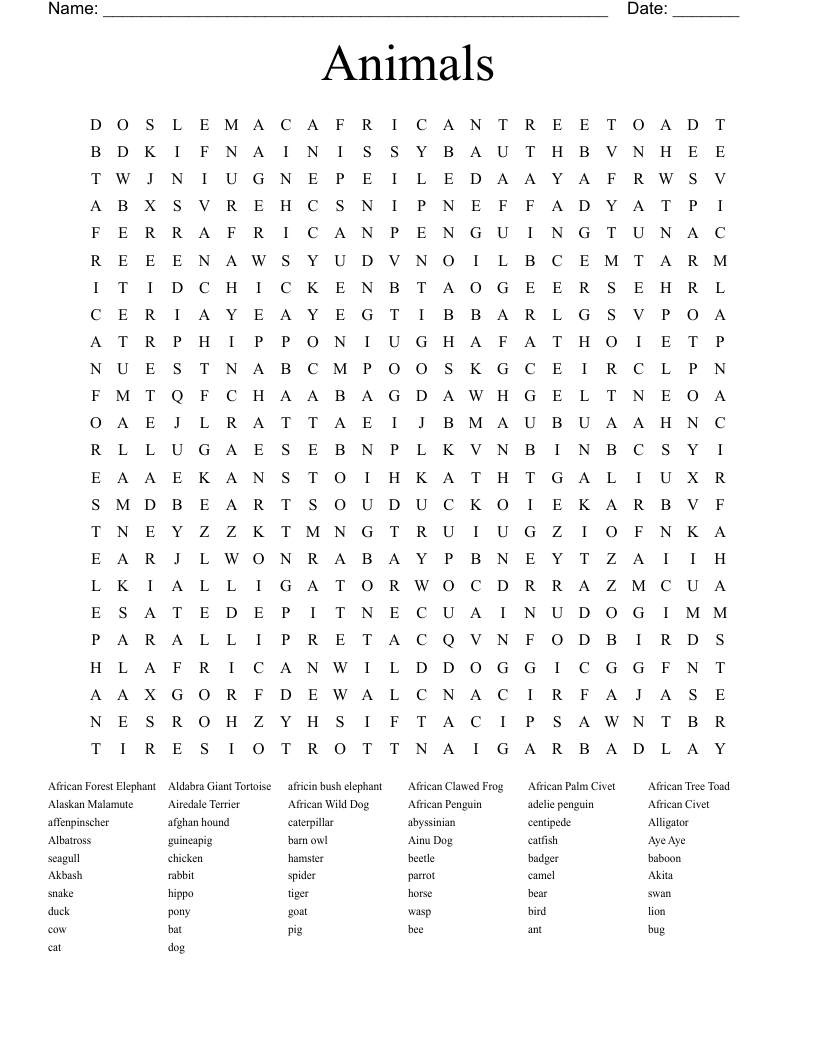 Animals Word Search