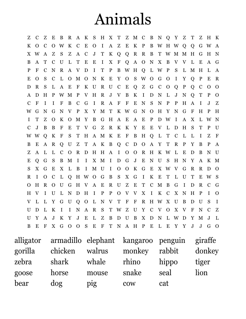 Animals Word Search