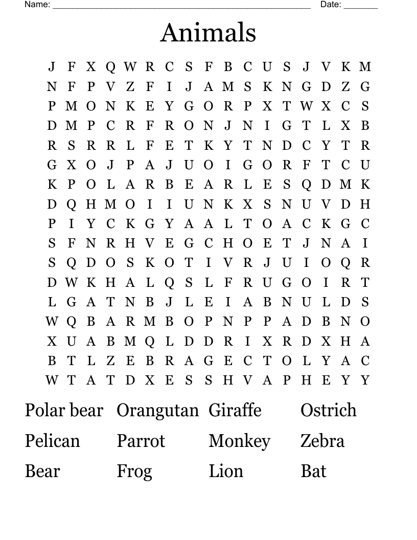 Animals Word Search