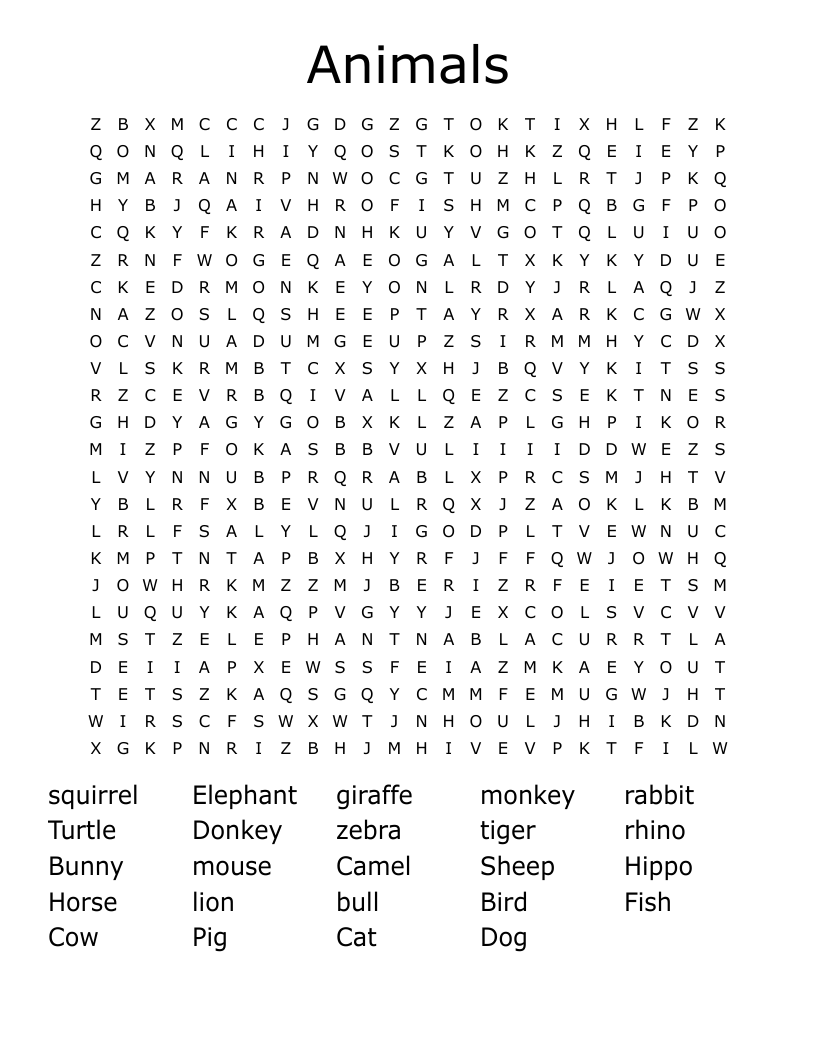 Animals Word Search