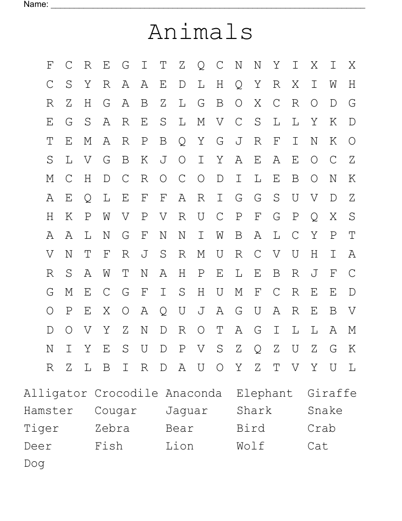Animals Word Search