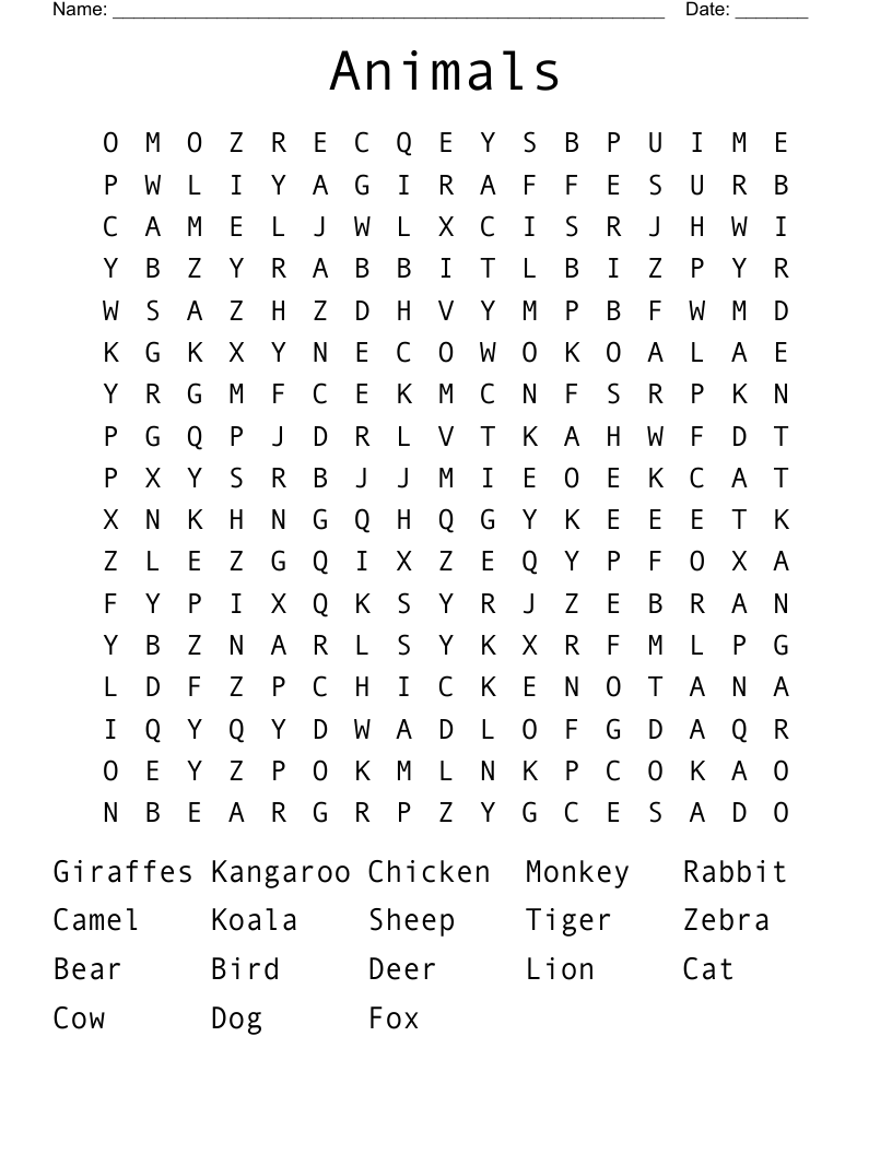Animals Word Search