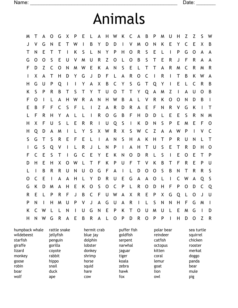 Animals Word Search