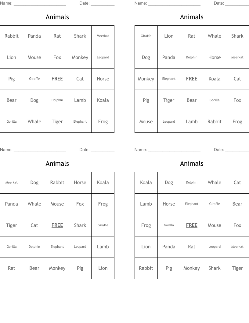 Animals Bingo Cards