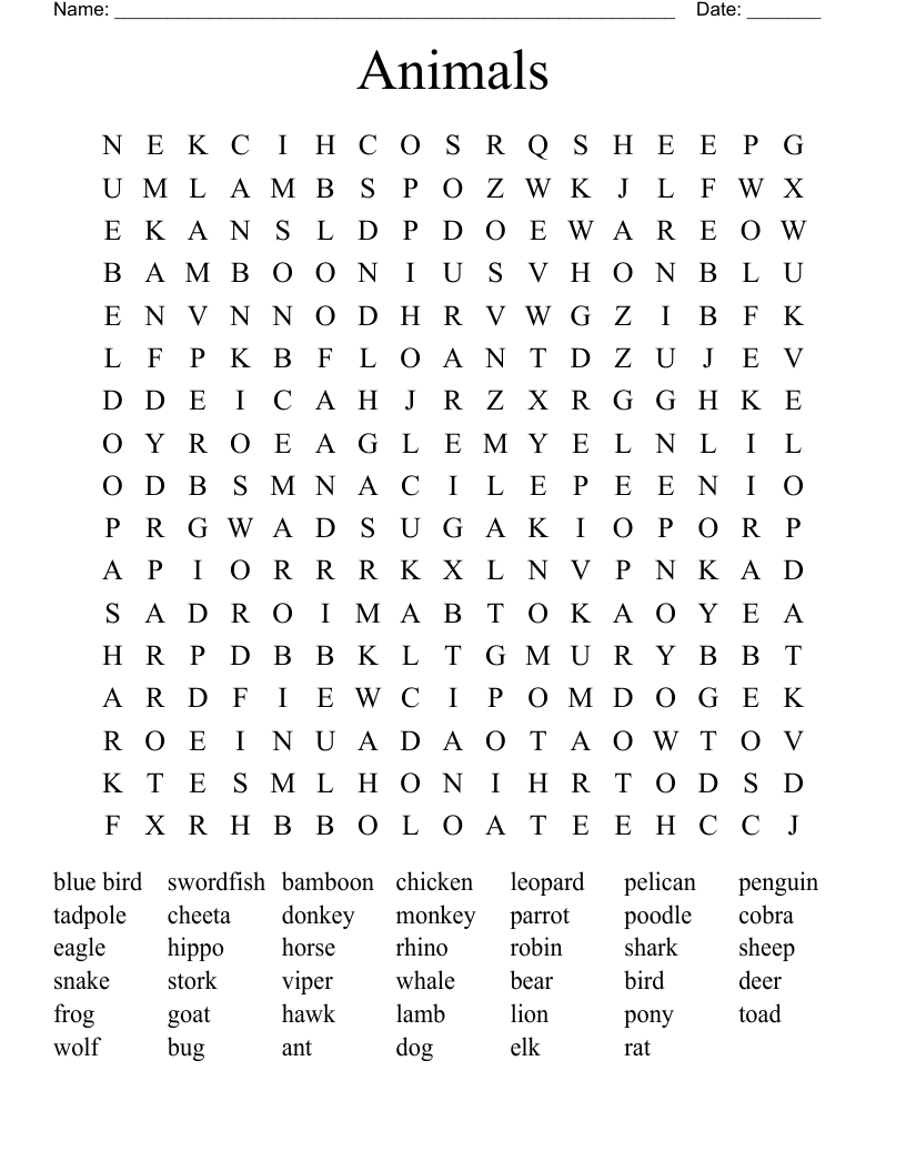 Animals Word Search