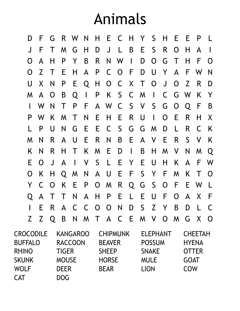 Animals Word Search