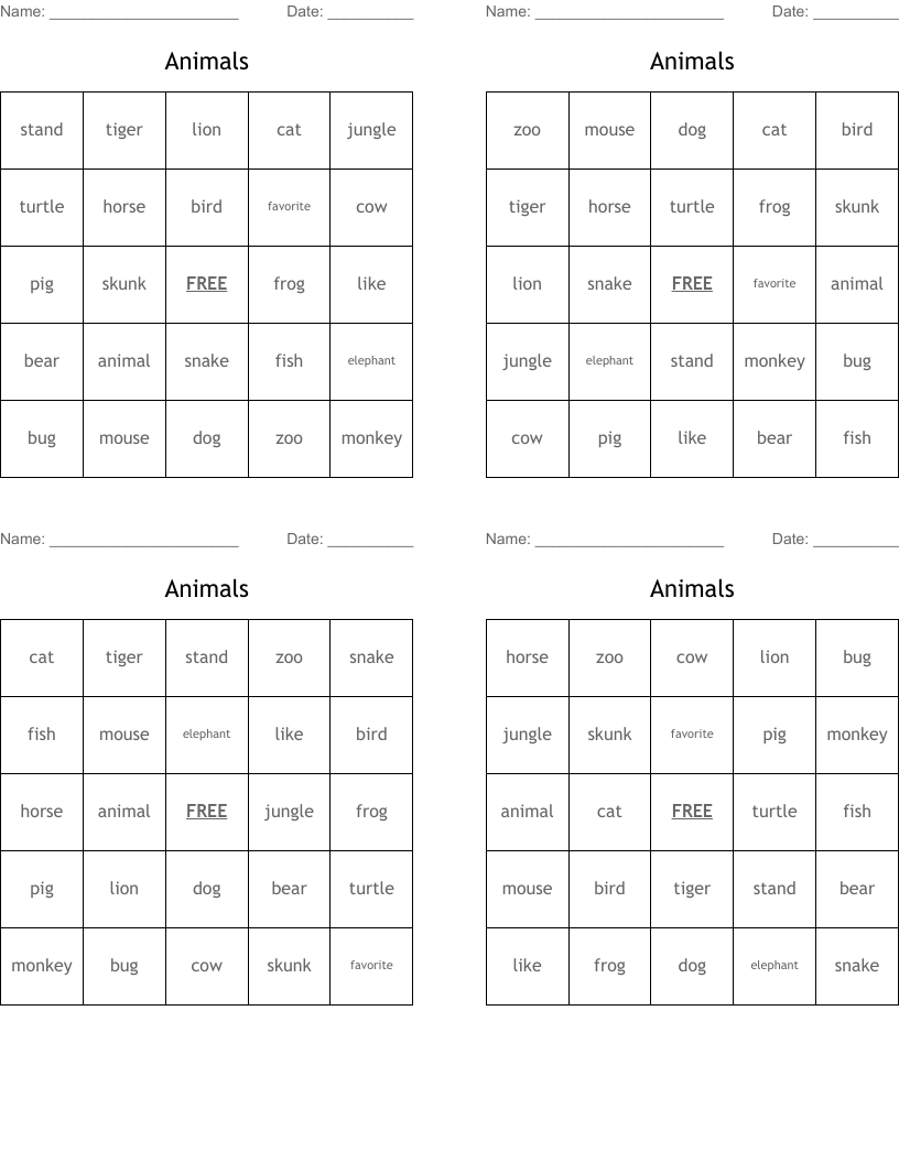 Animals Bingo Cards