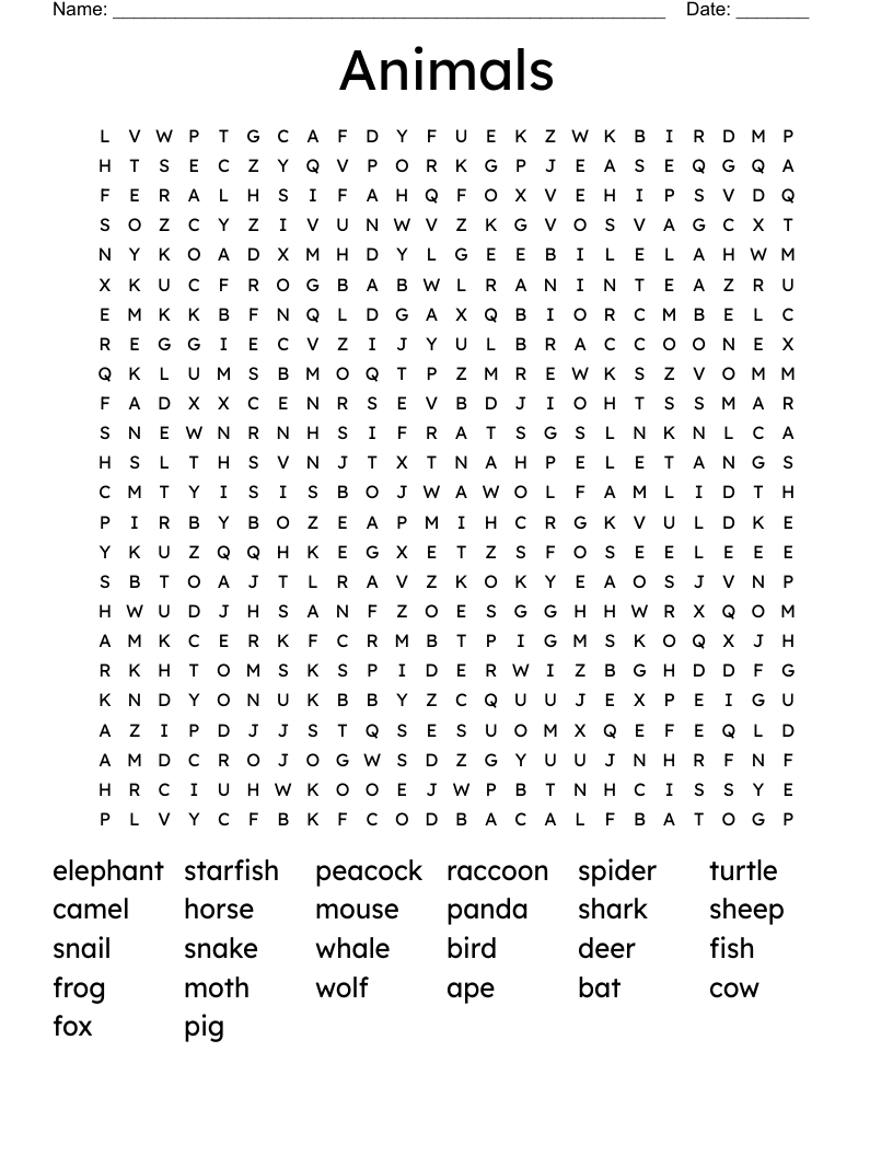 Animals Word Search