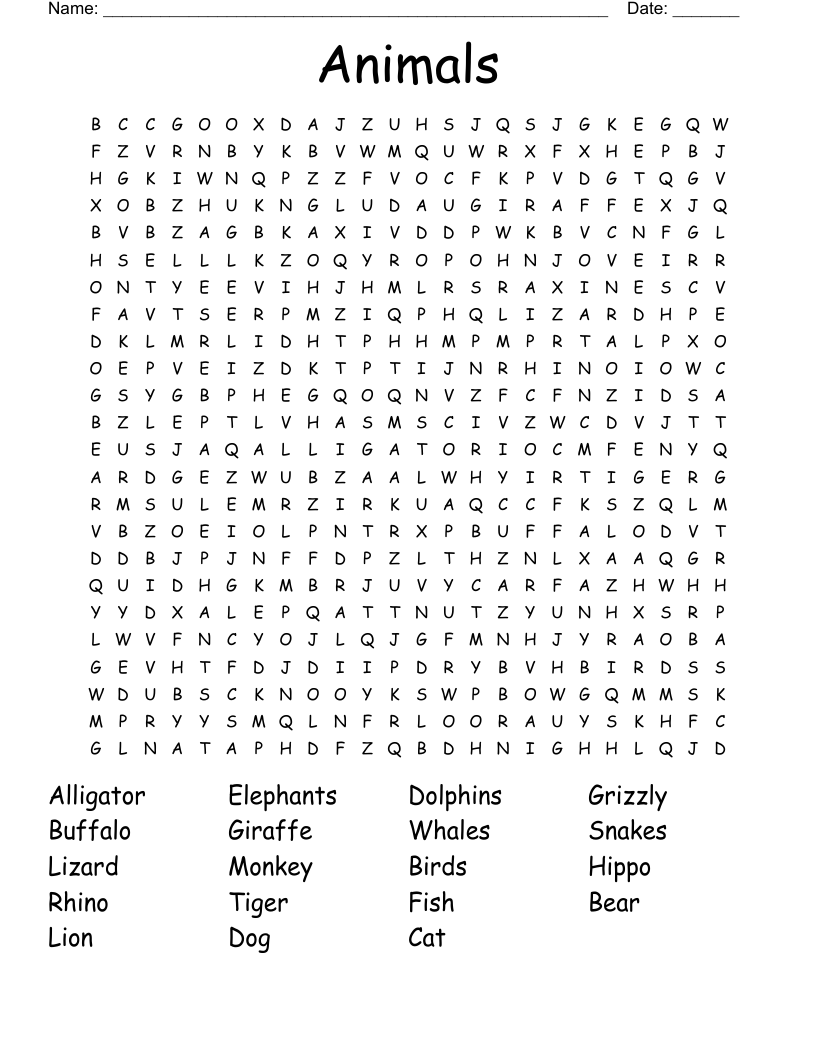 Animals Word Search