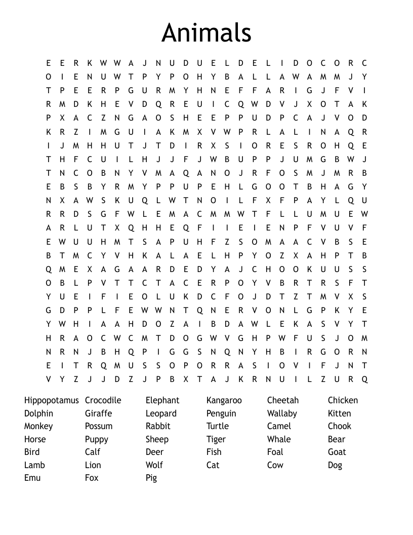 Animals Word Search