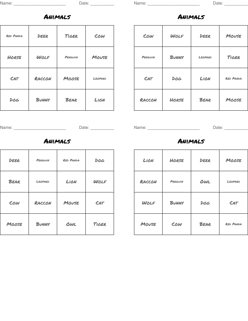 Animals Bingo Cards