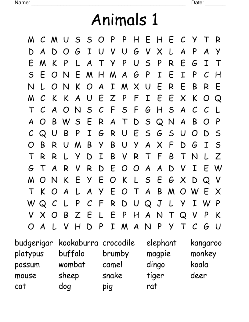 Animals 1 Word Search
