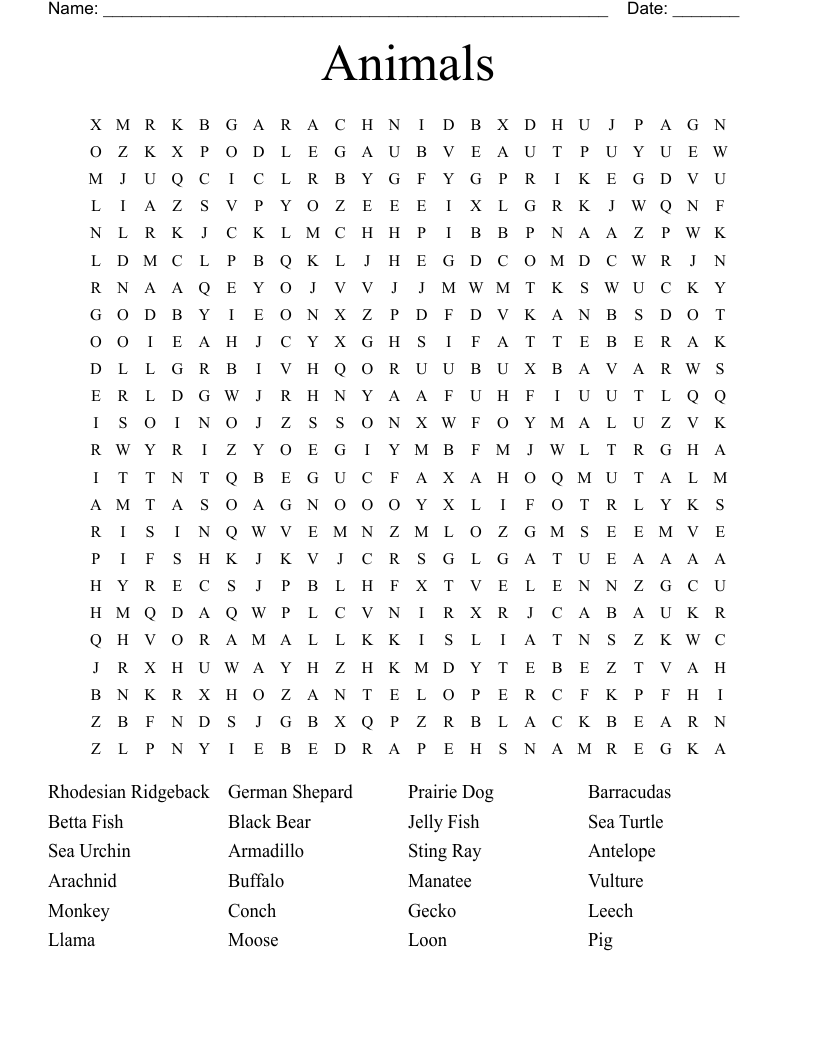 Animals Word Search