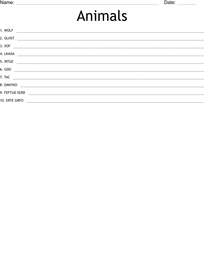 Animals Word Scramble