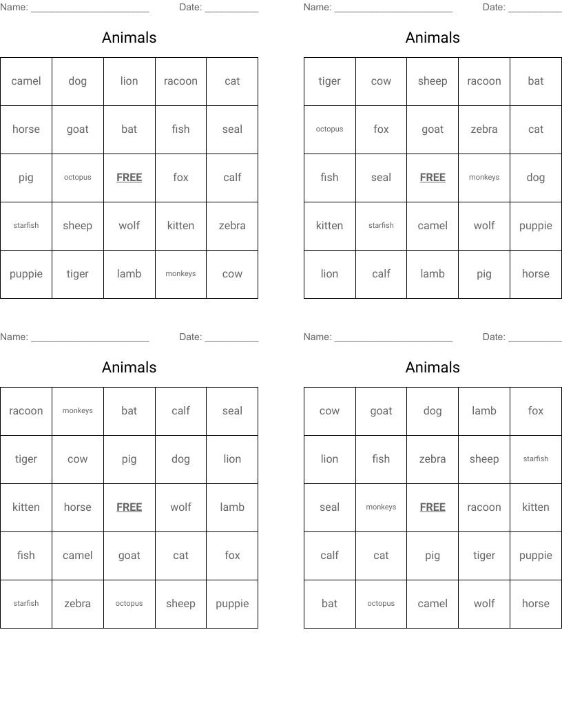 Animals Bingo Cards