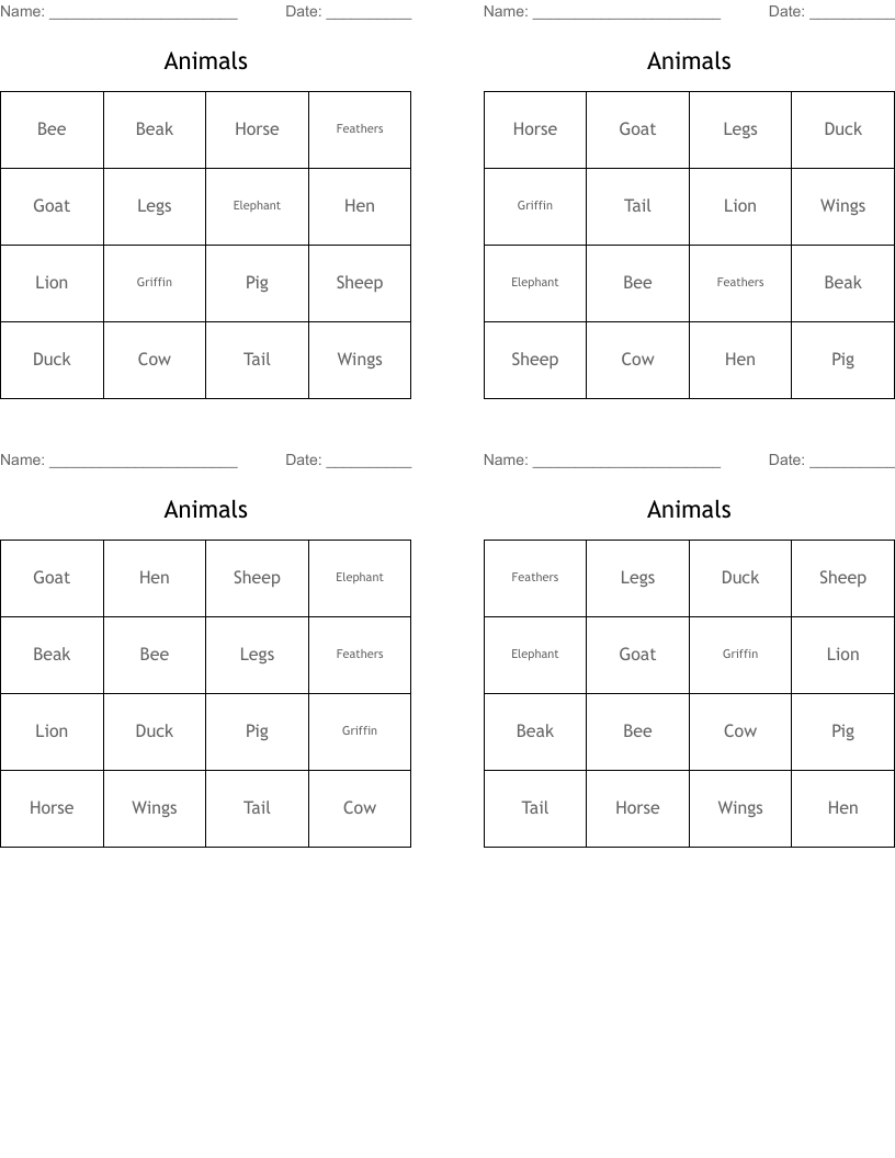 Animals Bingo Cards