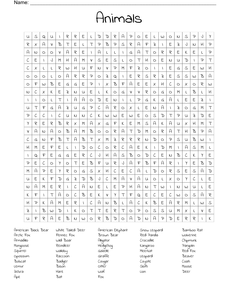 Animals Word Search