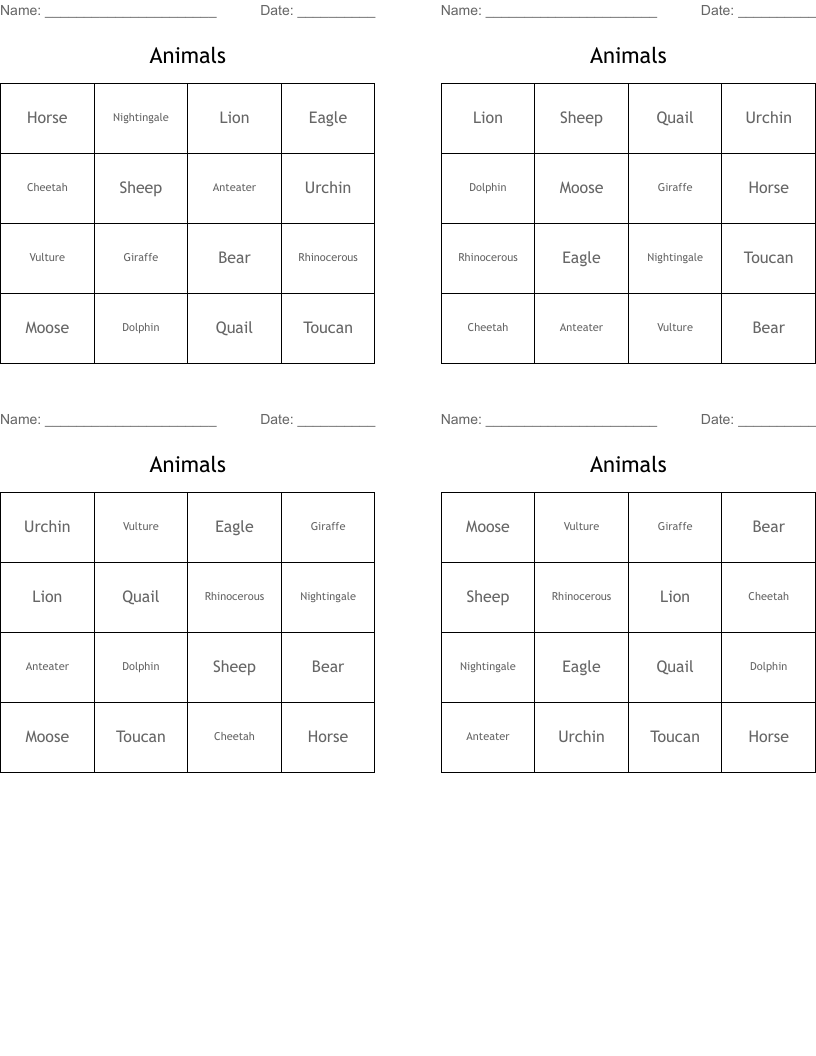 Animals Bingo Cards
