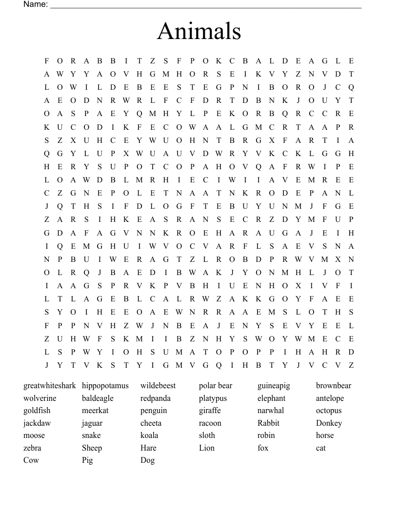 Animals Word Search