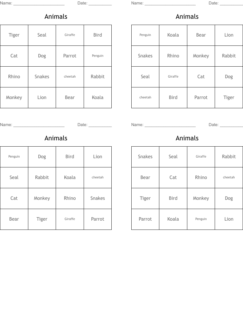 Animals Bingo Cards