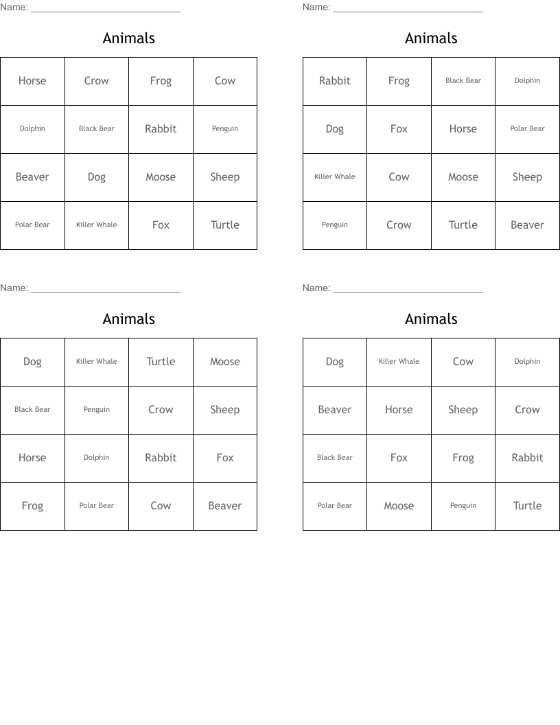 Animals Bingo Cards