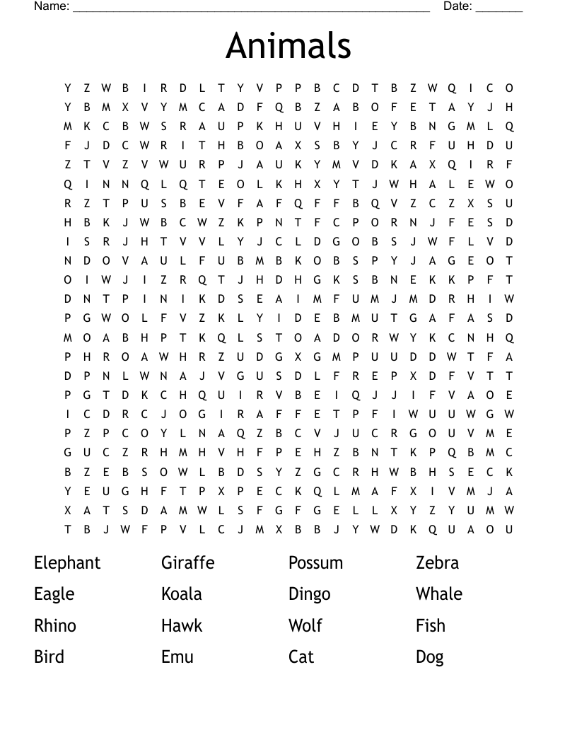 Animals Word Search