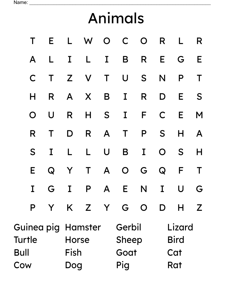 Animals Word Search