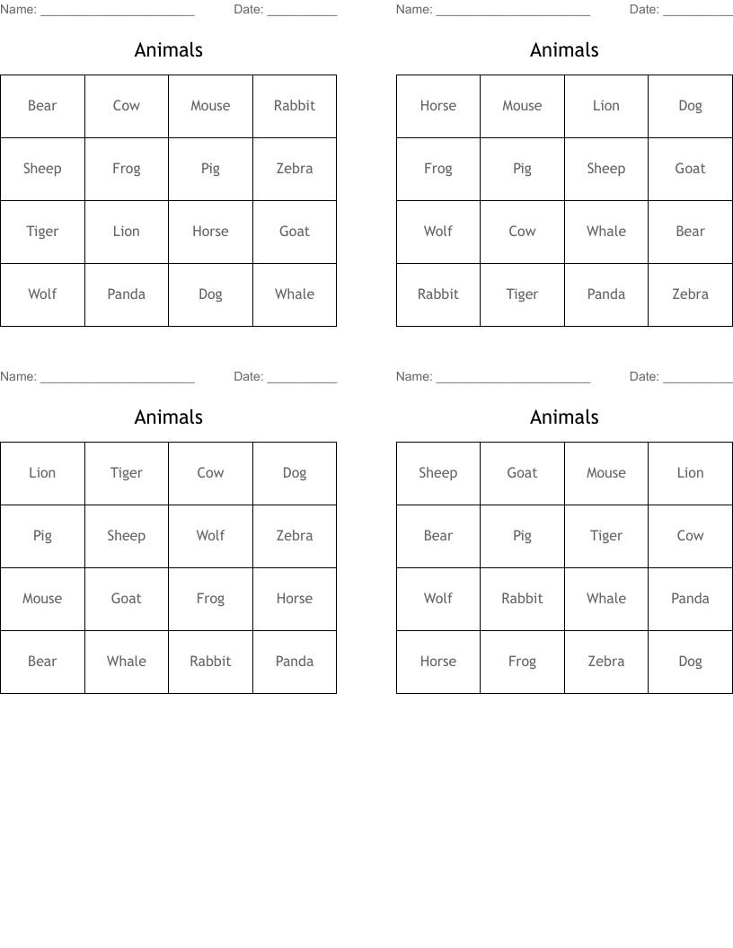 Animals Bingo Cards