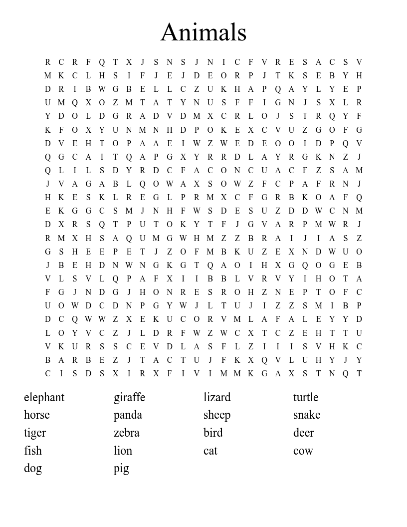 Animals Word Search