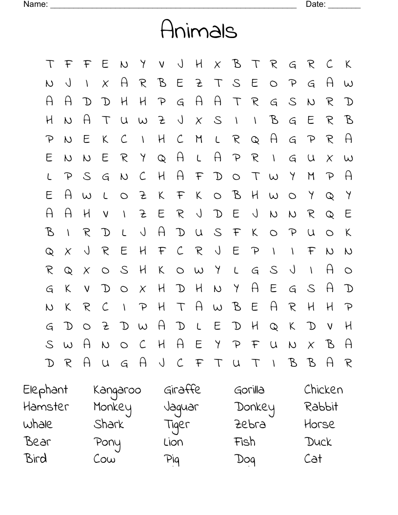 Animals Word Search