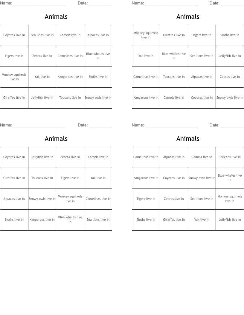 Animals Bingo Cards