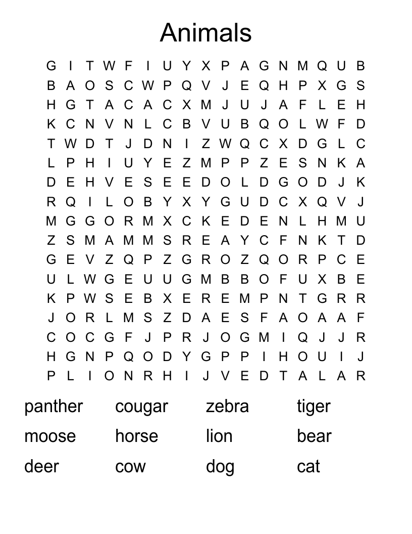Animals Word Search