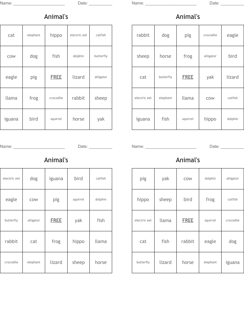 Animal's Bingo Cards