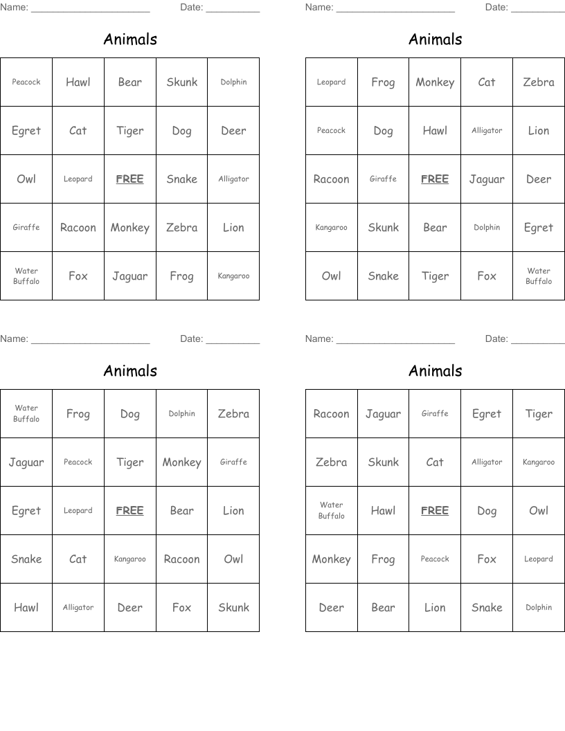 Animals Bingo Cards