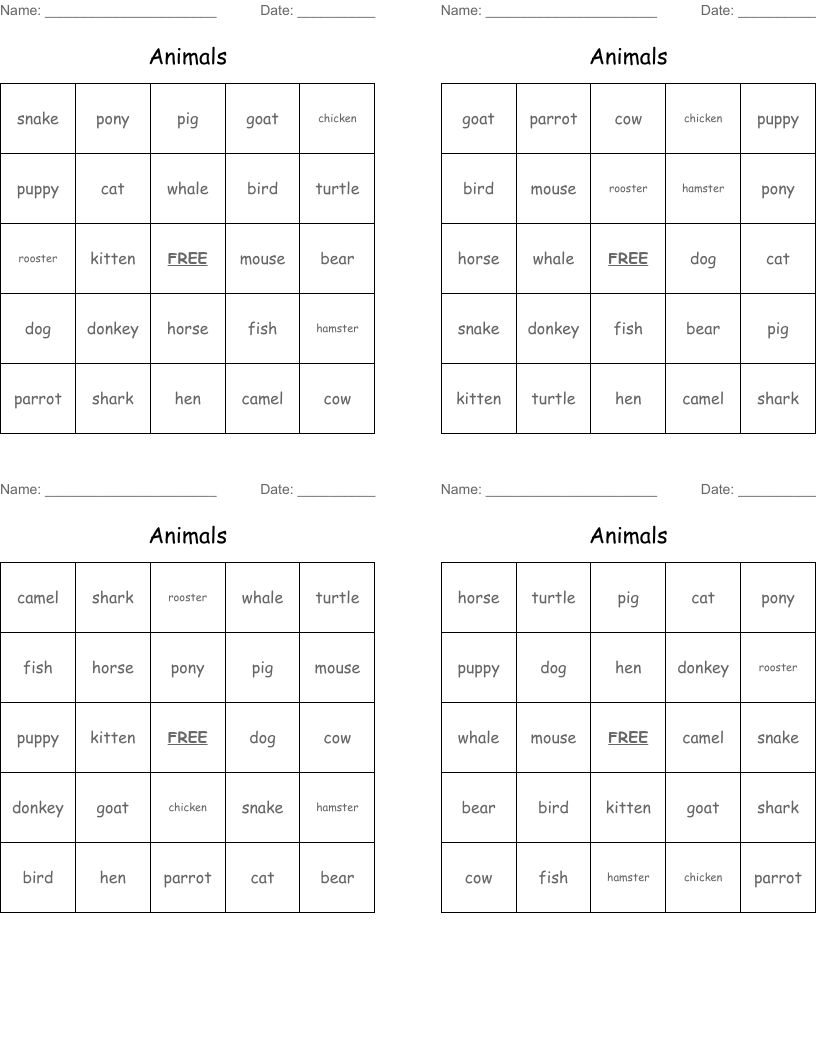 Animals Bingo Cards