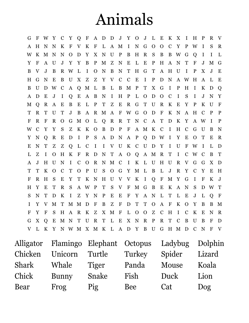 Animals Word Search