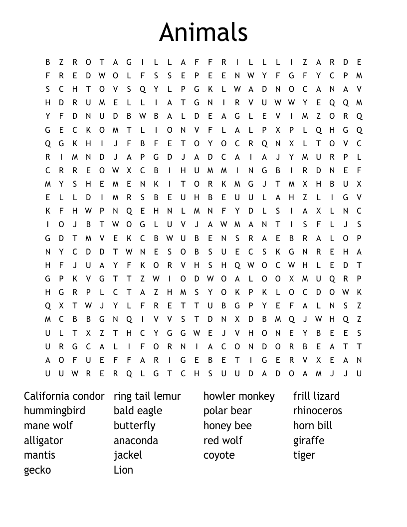 Animals Word Search