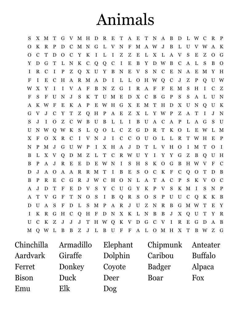 Animals Word Search