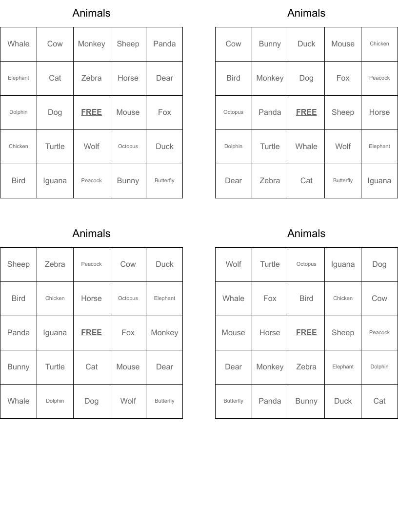 Animals Bingo Cards
