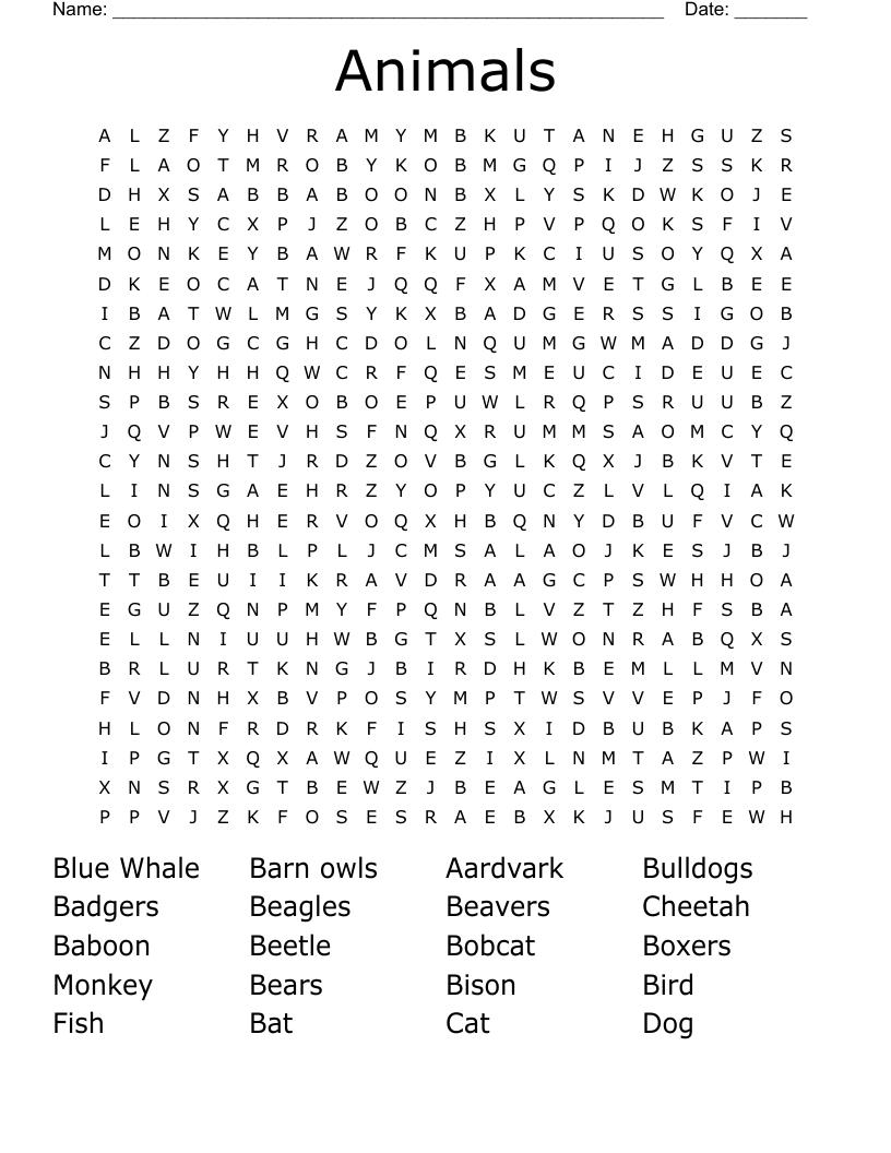 Animals Word Search