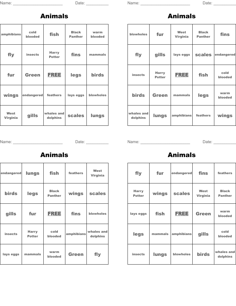 Animals Bingo Cards