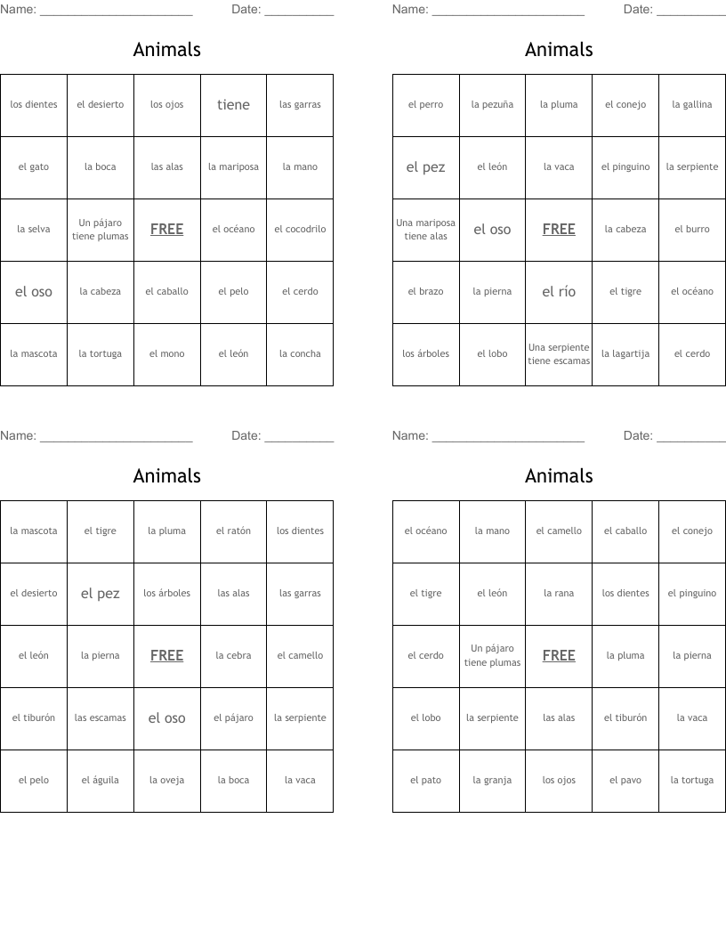 Animals Bingo Cards