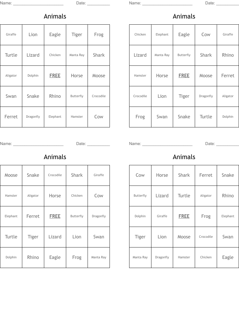 Animals Bingo Cards