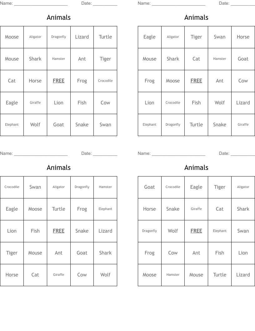 Animals Bingo Cards